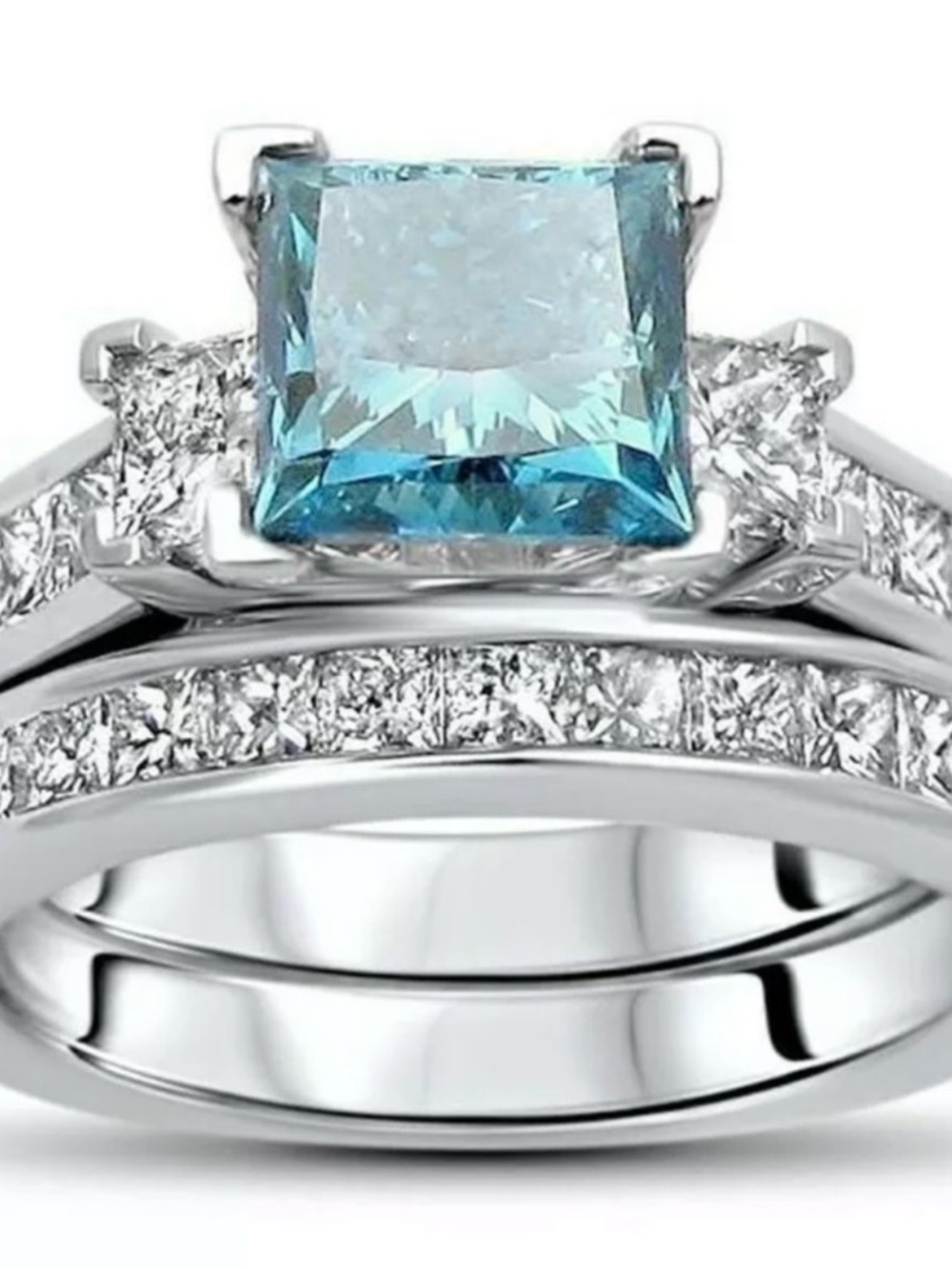 18K WHITE GOLD VERMEIL 2 1/2ct TDW Blue Princess-cut Diamond Bridal Set